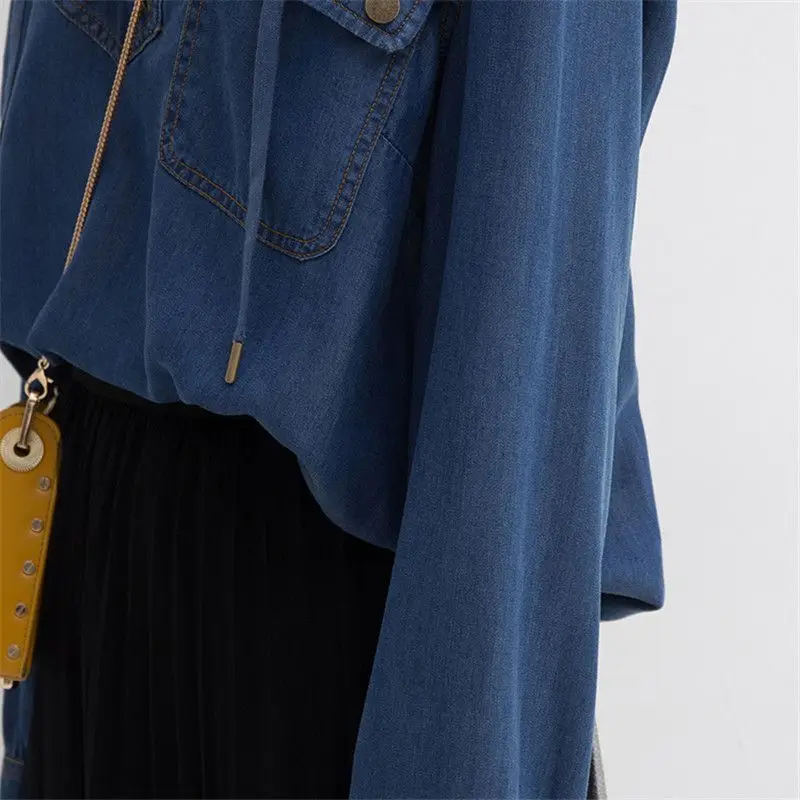 Spring Autumn New Women\'s Solid Color V-neck Button Spliced Drawstring Vintage Loose Versatile Long Sleeve Hooded Denim Shirt