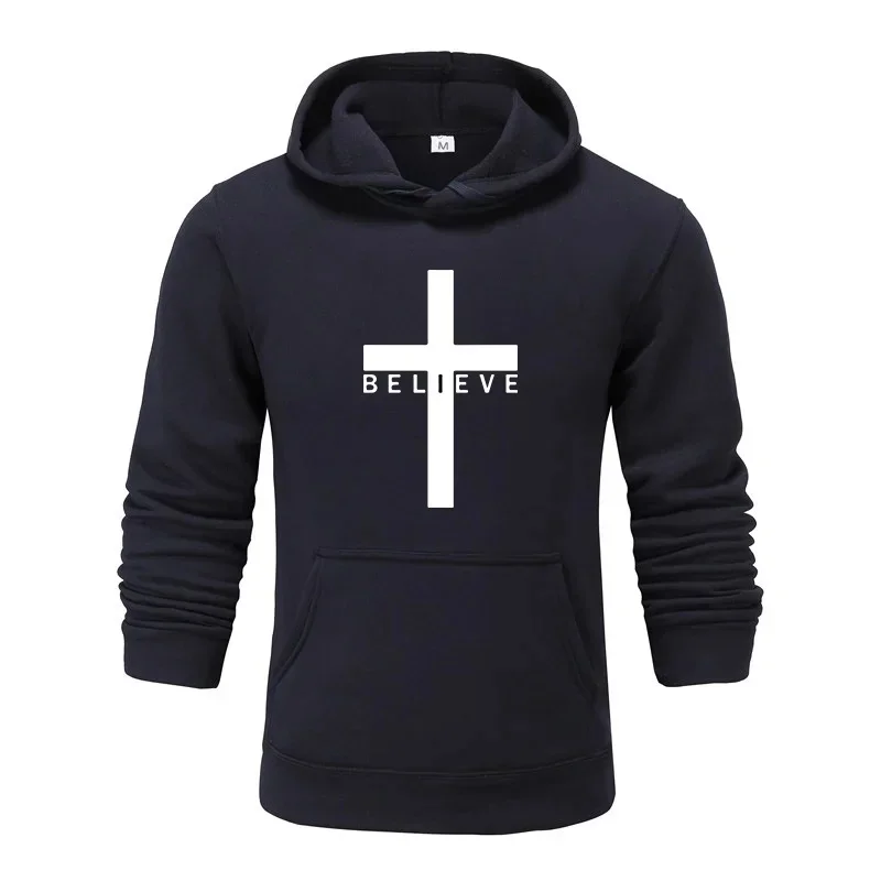 Men\'s Faith Hoodies Cross I Believe Jesus Print Sweatshirt Man Designer Casual Warm Hooded Tops Streetwear High Quality Outwear