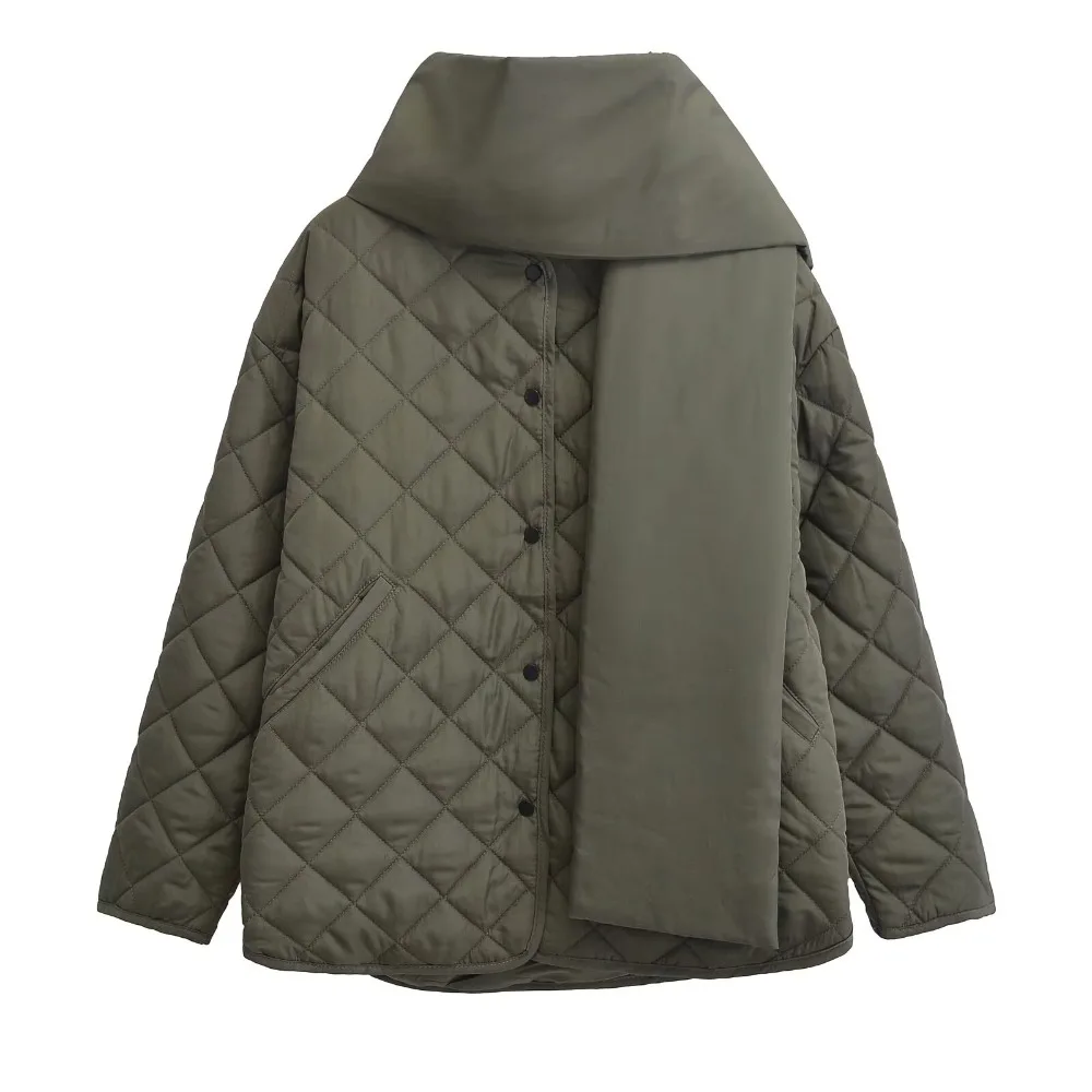 TRAF ZR-Outerwears xadrez com lenço tonal para senhoras, jaquetas acolchoadas com bolsos frontais, Slouchy Loose Parkas, High Street