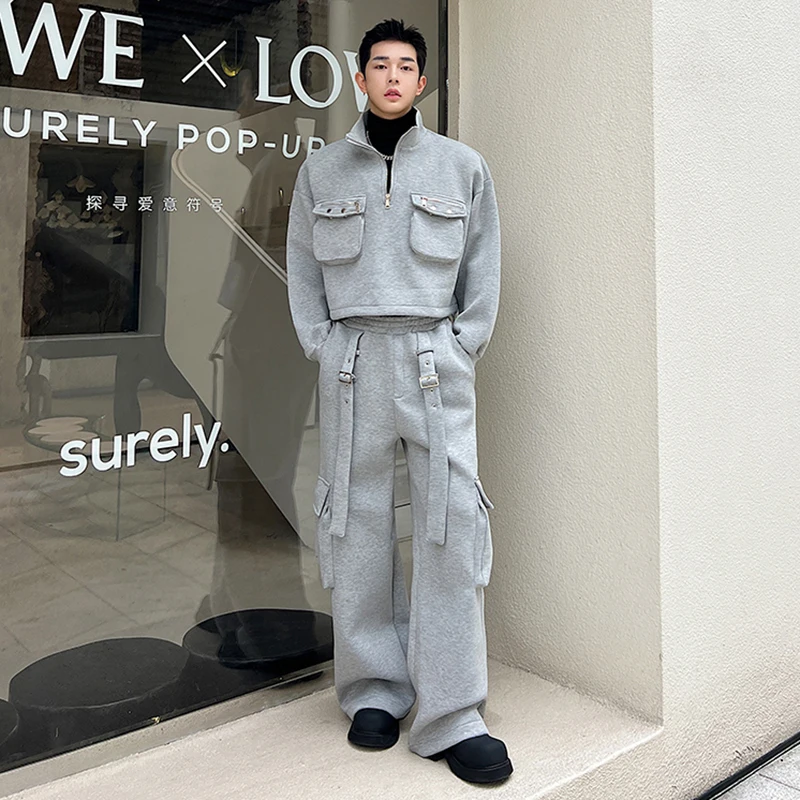 IEFB 2024 Autumn Men\'s Two-Piece Set Loose Half Zipper Stand Collar Sweatshirts Wide Leg Sweatpants Suits New Korean 9C3219