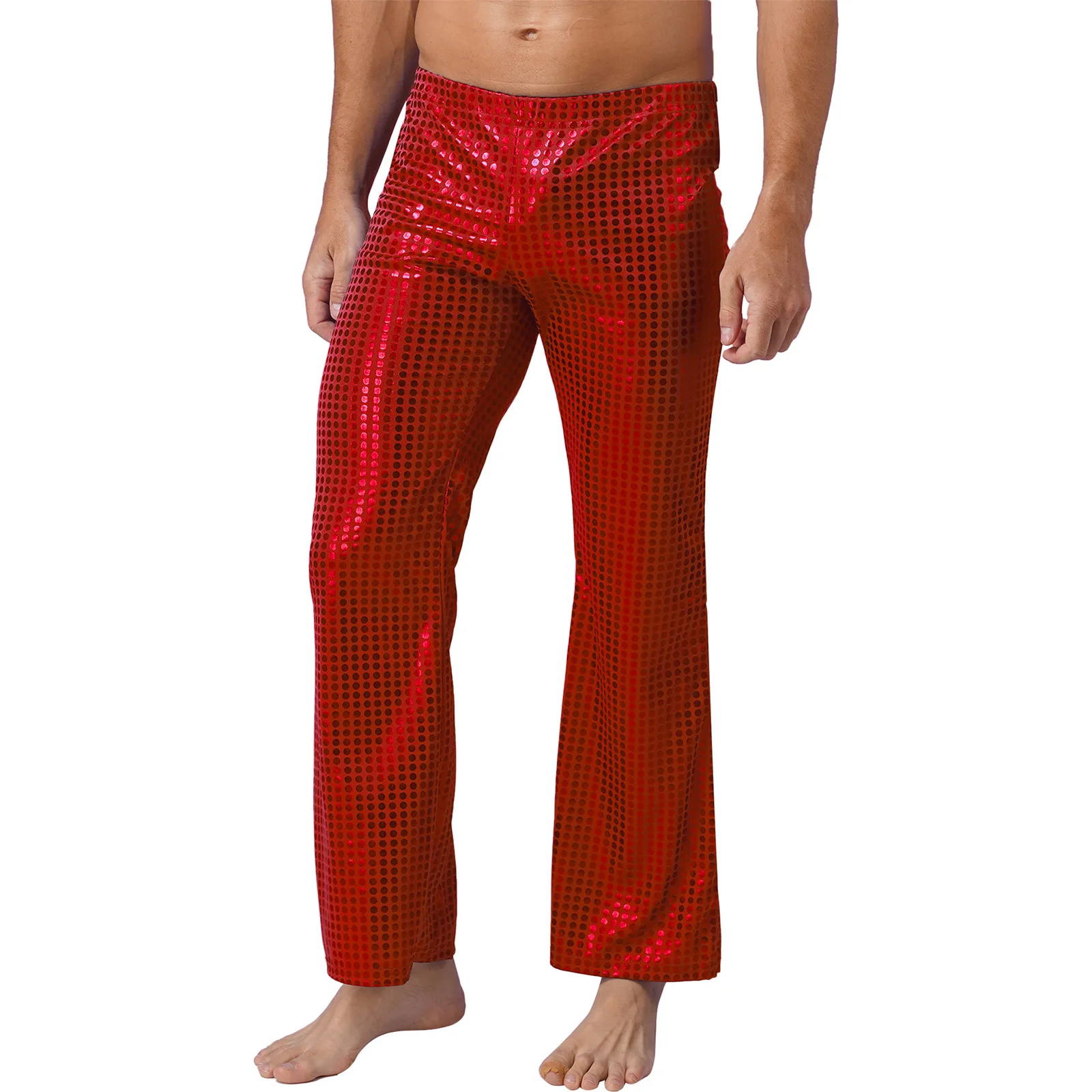 Mens 70s Shiny Sequins Hip Hop Disco Party Long Pants Costumes Dancer Singer Trousers Elastic Waistband Bell Bottom Flared Pants