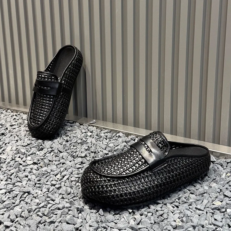 Men's Summer Outdoor Slip-On Pure Black Woven Breathable Headed Half Slippers Thick Bottom Casual Sandals