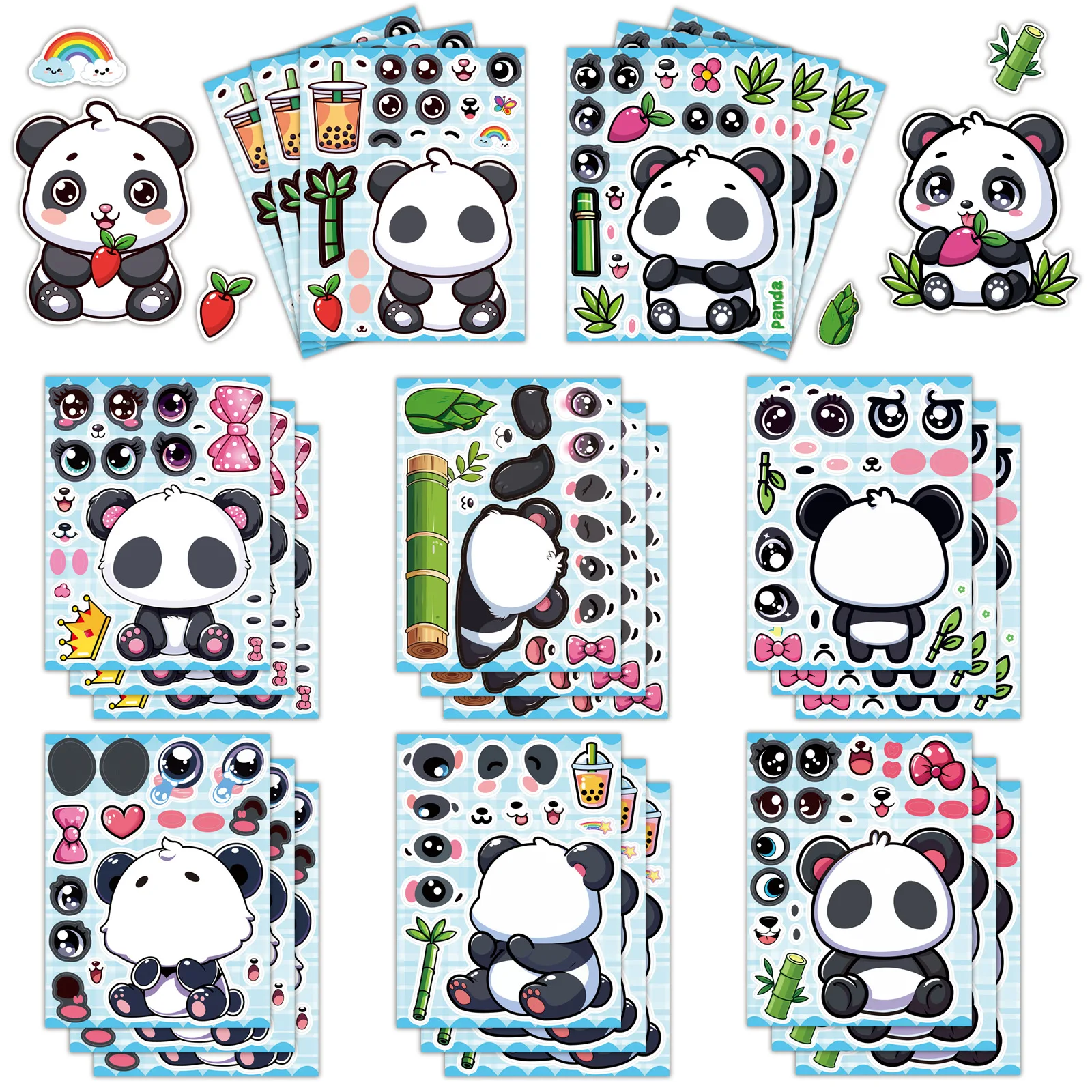 

8pcs Cute Little Panda Panda Dress-up Stickers Children's Educational Face Stickers Creative Waterproof Laptop Phone Stickers