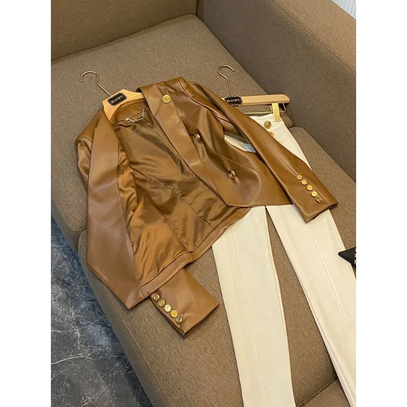 trendy Women's Clothing Faux Leather Coat Black Metal Double-breasted Slim No-wash Leather Suit Top Jacket Coat Women Jackets