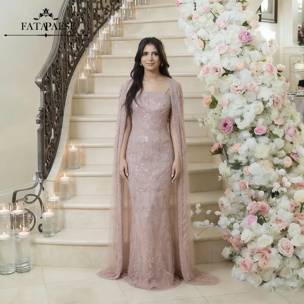 Fatapaese alta costura vestidos de noite de luxo com capa requintado contas cristais rosa sereia vestidos de noite árabe dubai vestido