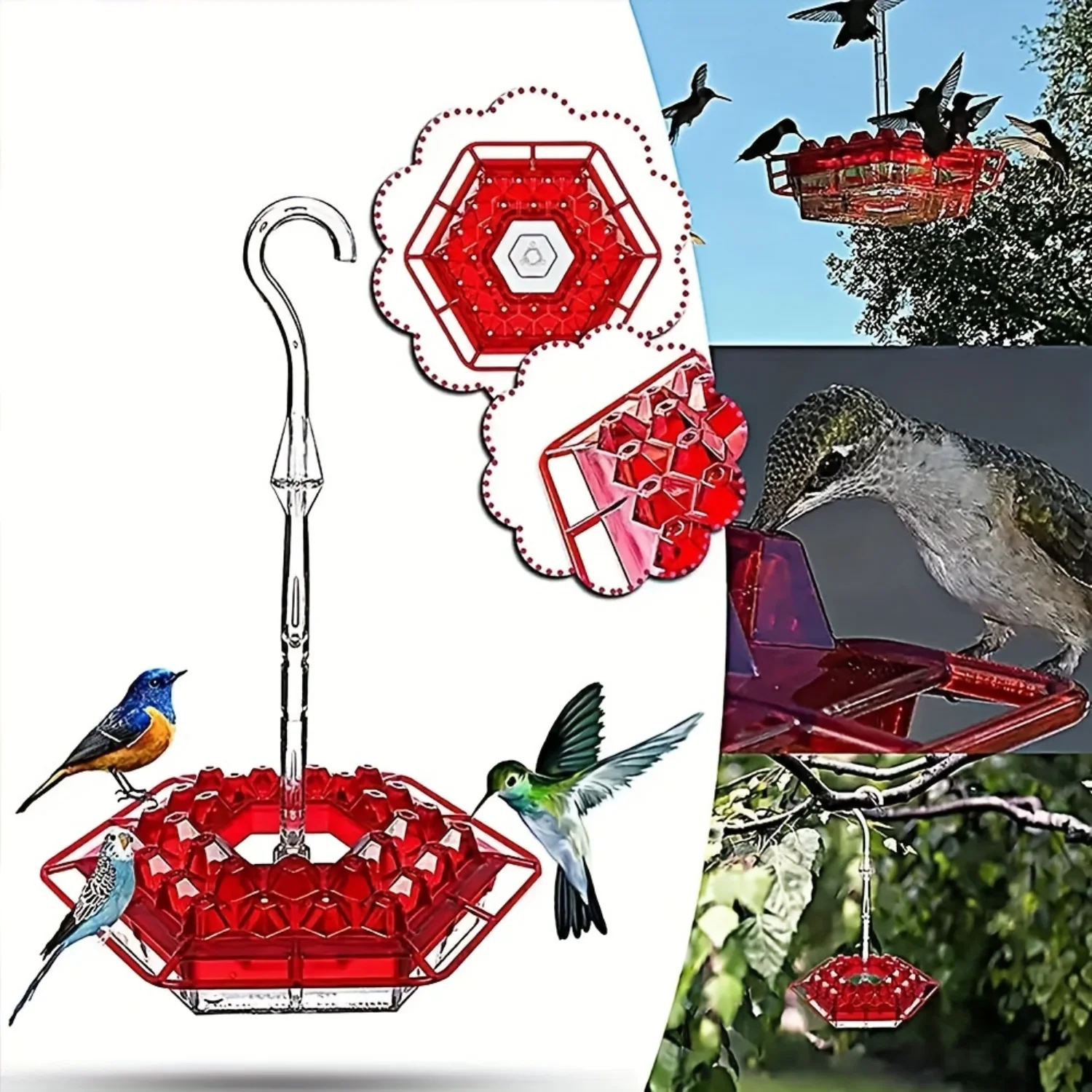 Hexagon Hummingbird Feeders With Ant Moat, Plastic Hanging Food And Water Feeding Tools For Outdoor Garden, With S Hook