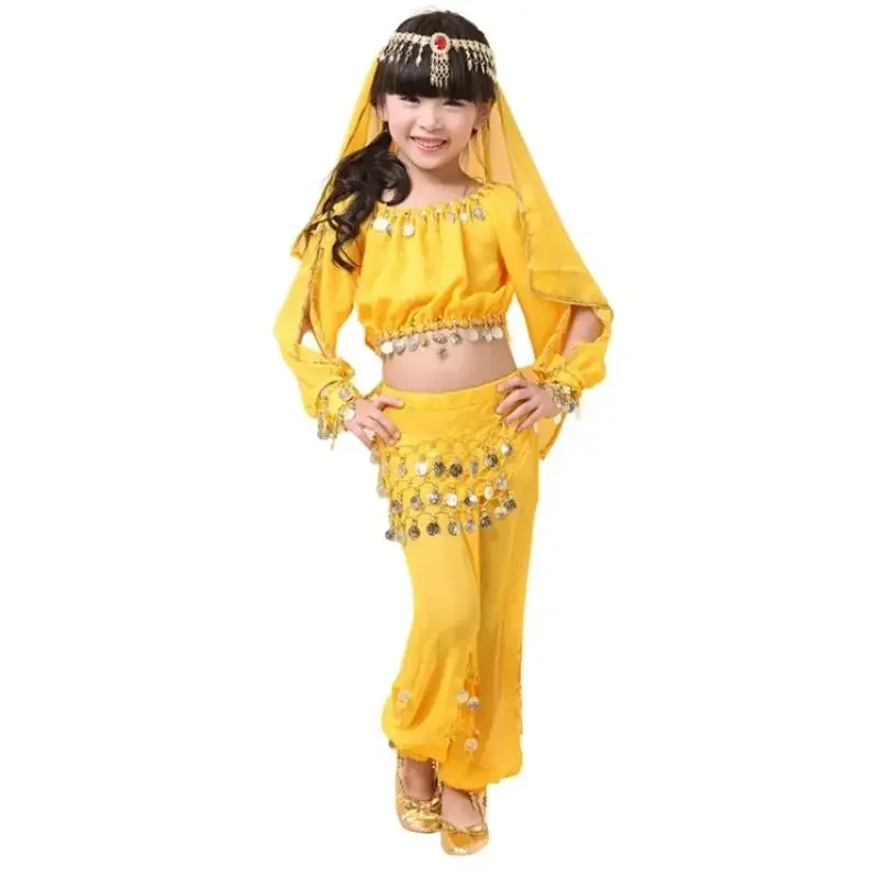 

Костюм для танца живота, детская танцевальная одежда, индийская одежда для выступлений для девочек, 5 шт., топ с длинными рукавами, брюки, пояс, повязка на голову и браслет