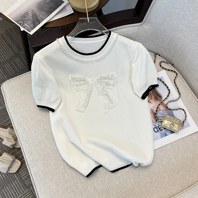 

Summer Bow Beading Korean Fashion Knit Sweater Women Vintage Short-sleeved Round Neck Pullover Top Ladies Women's Sweaters 2023