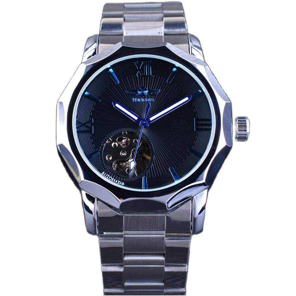 

Winner Blue Ocean Geometry Design Transparent Skeleton Dial Men Watch Brand Luxury Automatic Fashion Full Steel Mechanical Clock