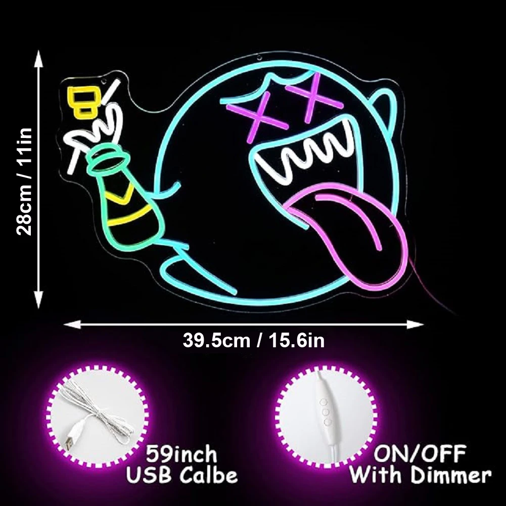 Luz de sinal de néon de rosto fantasma, decoração de arcade retrô, zona de jogos, caverna de homem, festa de aniversário, presente de Natal