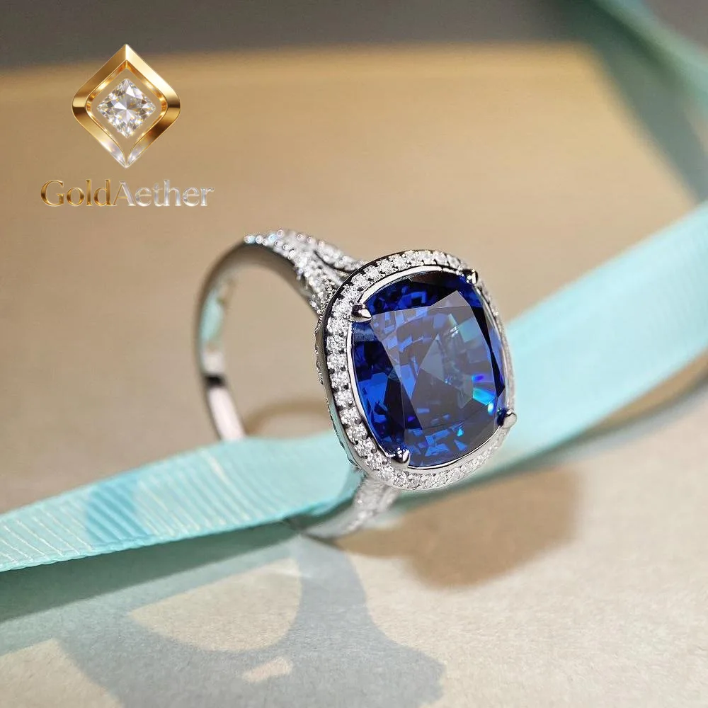 GoldAether Luxury Solid Platinum PT950 Women's Blue Diamond Ring 4 karat Moissanite Diamond Ring