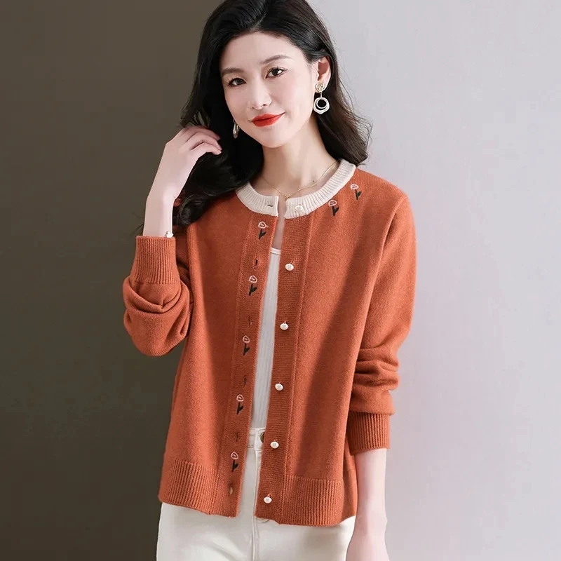 

Модный жаккардовый вязаный кардиган, весенне-осенний новый свитер, пальто с низким круглым вырезом, удобное мягкое однобортное пальто с круглым вырезом