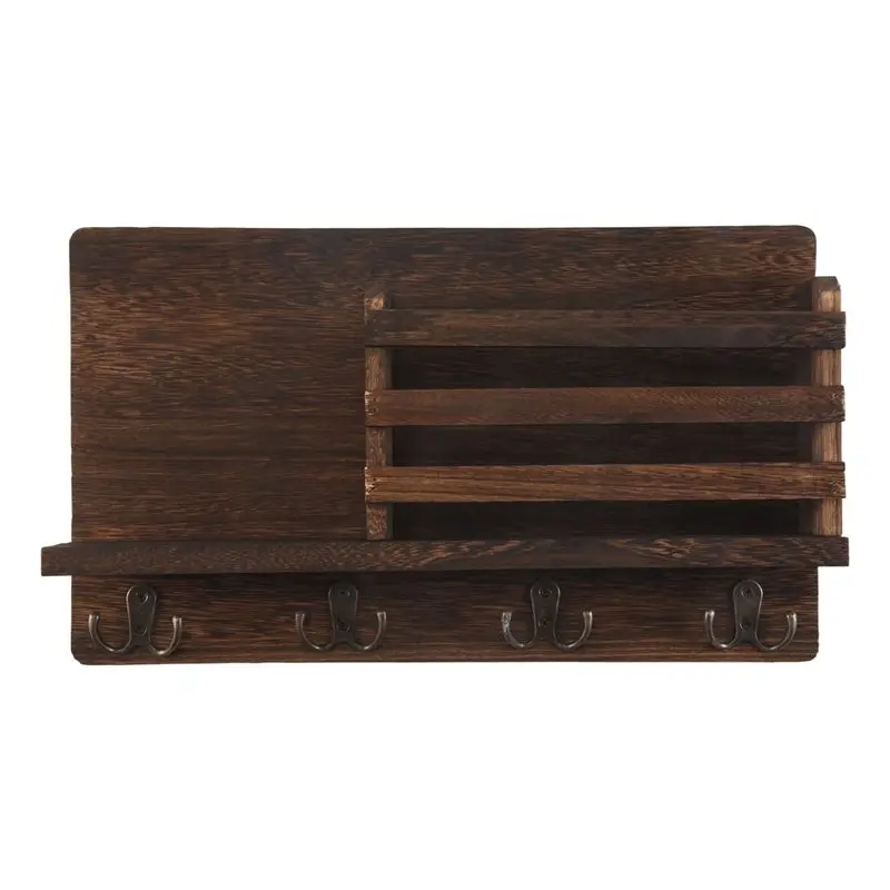 

【CHRISTMAS 】Entryway Mail Envelope Organizer With 4 Key Hooks Wall Mounted, Rustic Wood Mail Holder Shelf With Key Hooks For Wal