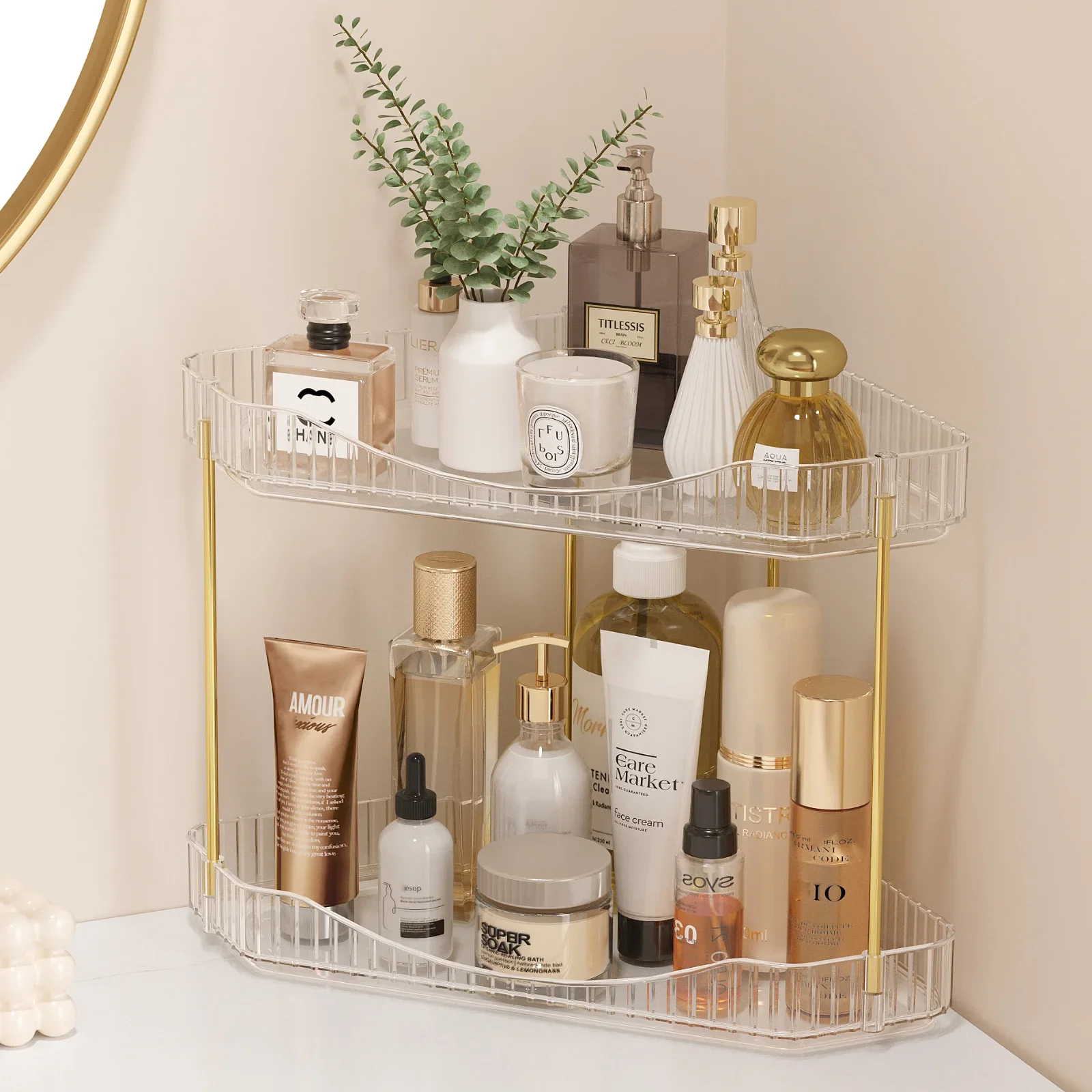 

Corner Bathroom Counter Organizer, Plastic Makeup Skincare Organizers Storage Countertop, Sink Vanity Trays Perfume