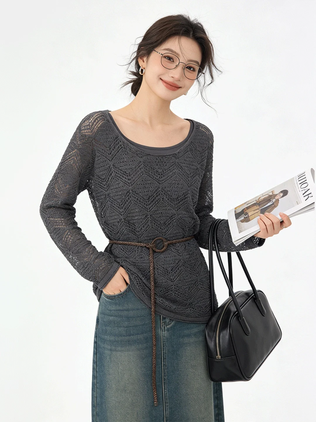 

Женский вязаный комплект Ele с вырезами, длинными рукавами, защитой от солнца, многослойный, с высокой талией, круглым вырезом, повседневный, модный