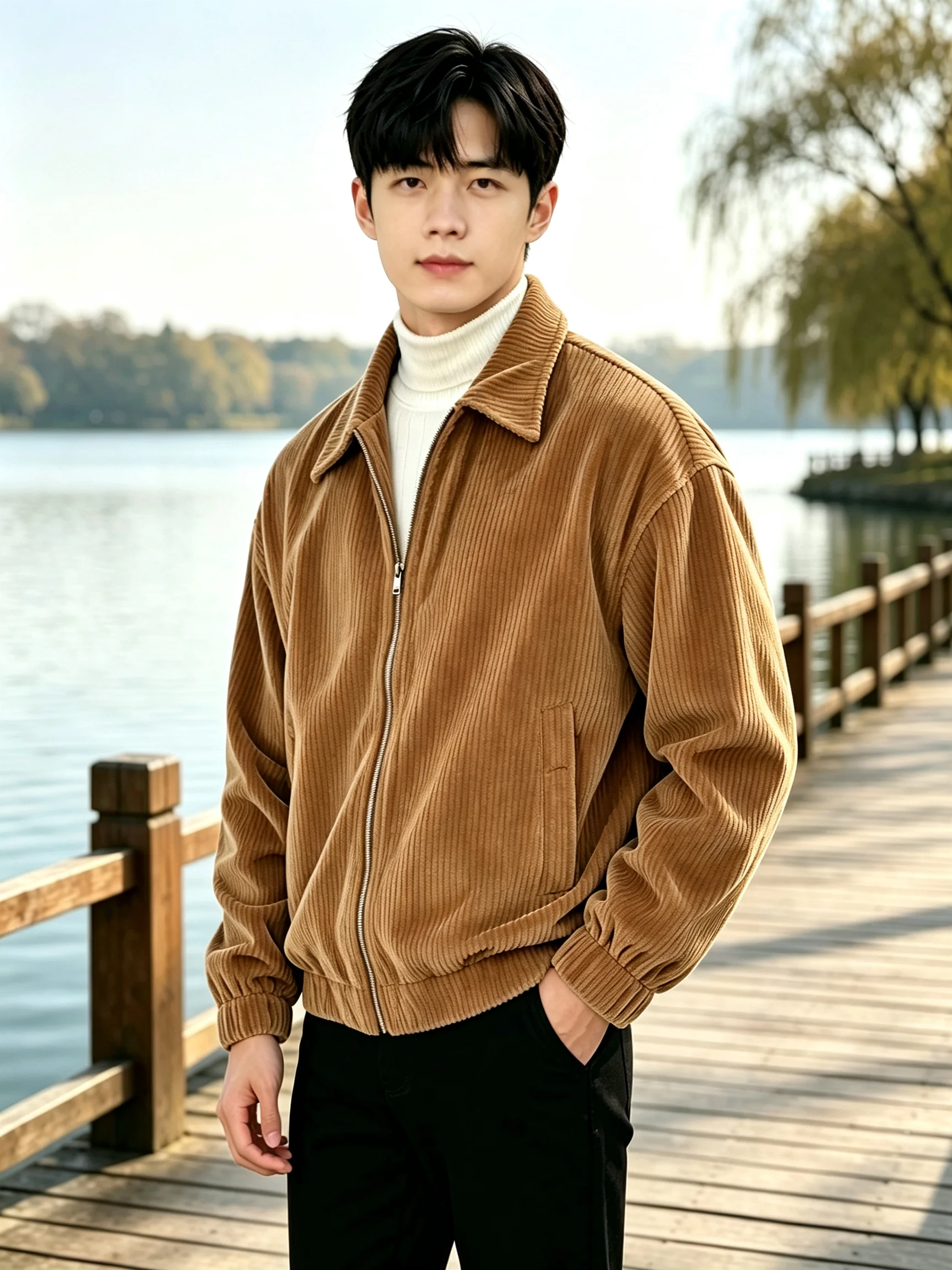 Men Casual Corduroy Bomber Jacket Turn Down Collar Zipper Front Loose Fit Long Sleeve Solid Color Daily Outer Coat