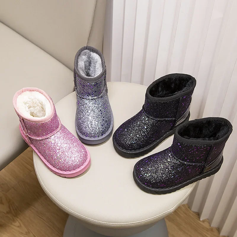 Fashionable Kids Sequin Snow Boots Boys Girls Casual Thick Warm Cotton Shoes Students' Non-slip Fleece-lined Snow Shoes Children