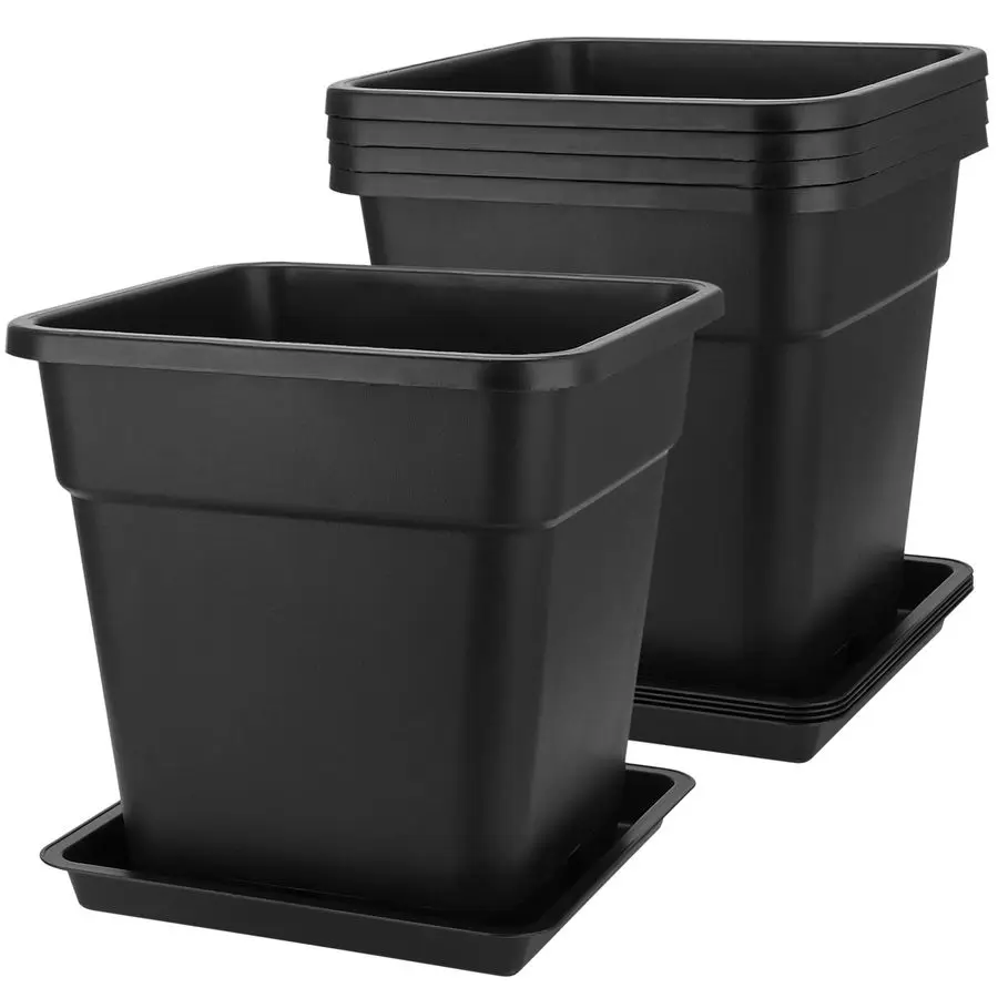 

5 Pack 5 Gallon Large Square Nursery Pots with Saucers, 12 x 12 Inch Black Plastic Plant Nursery Pots Garden Planter for Plantin