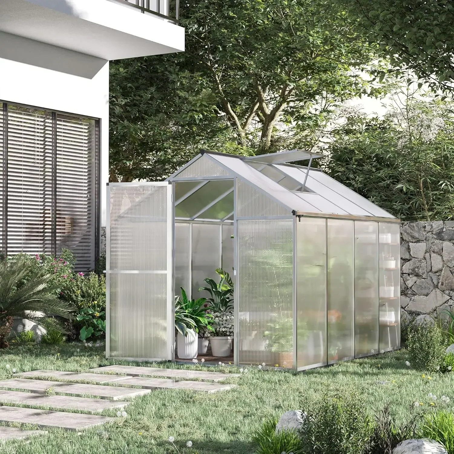 

8' x 6' Greenhouse for Outdoors, Polycarbonate Greenhouse with Rain Gutter and Roof Vent, Aluminum Walk-in Green Houses