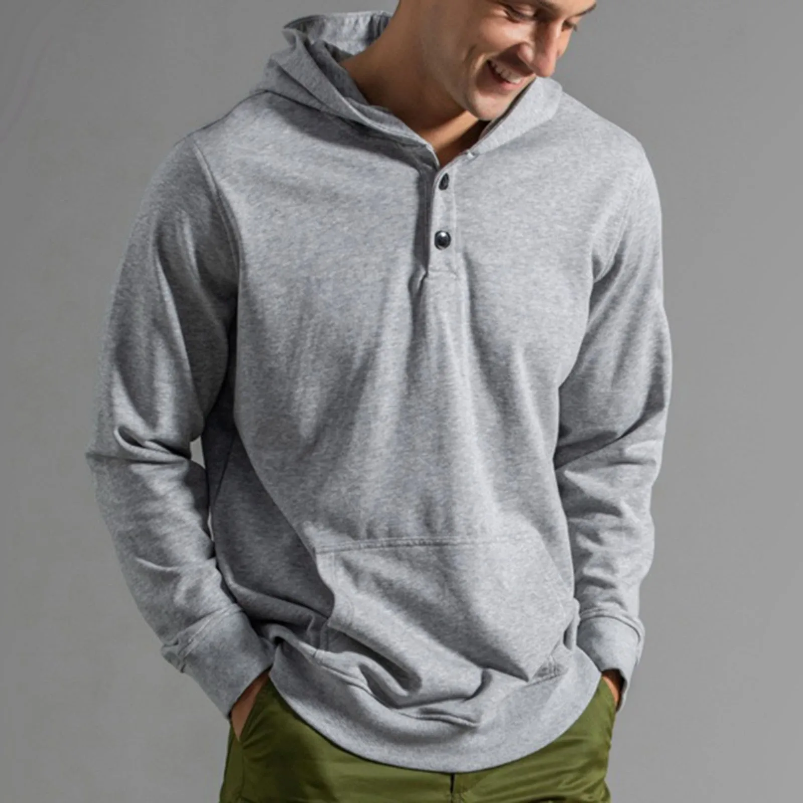 Male Autumn And Winter Long Sleeve Sweatshirt Hooded Button Down Round Neck Solid Color Top Hip Hop Outwear Casual