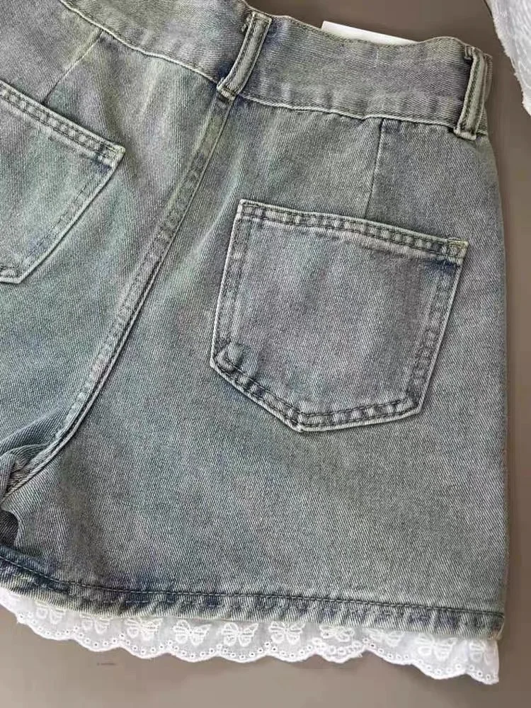 スパイシーガール レースパッチワーク デニムショートパンツ レディース 夏新作 ハイウエスト ワイドレッグ ホットパンツ スイートボウ レディース ハイストリートショートパンツ