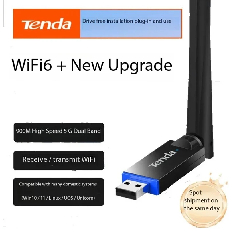 Tenda U11 Pro AX900 Wi-Fi 6 Wireless USB Adapter for PC Laptop - Dual Band 2.4GHz/5GHz High Speed Internet Connectivity