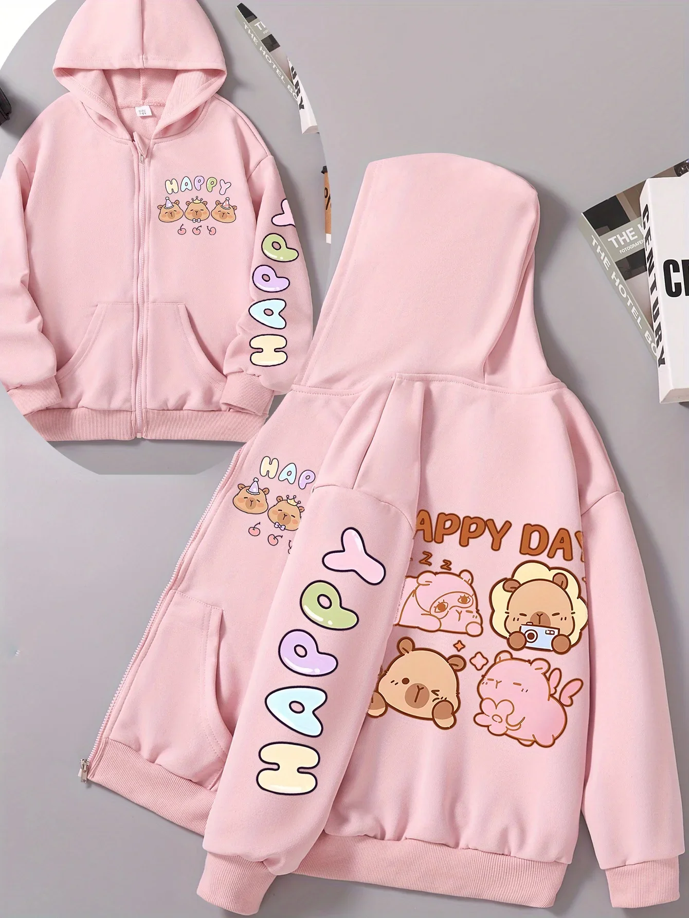 Kids Zip Up Hoodie Boys Girls Black Happy Day Print Fall Winter Sweatshirt Cute Cartoon Casual Long Sleeve Jacket Outfit Toddler