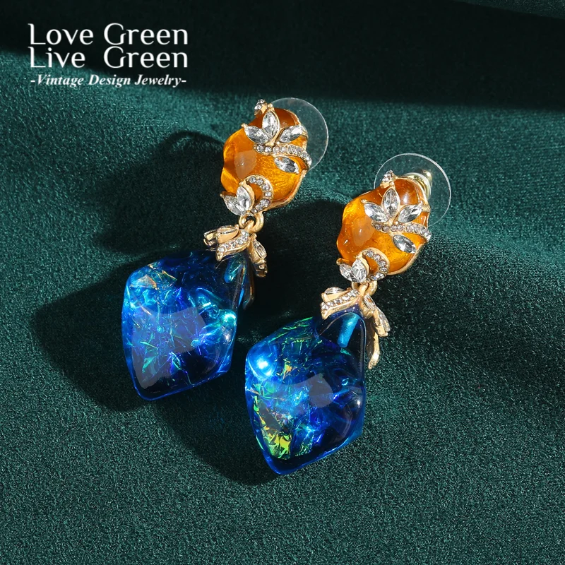 

Vintage Blue Yellow Natural Stone Luxury Opal Earrings For Women Gold Color Rhinestone Accessories Designer Inspired Jewelry New