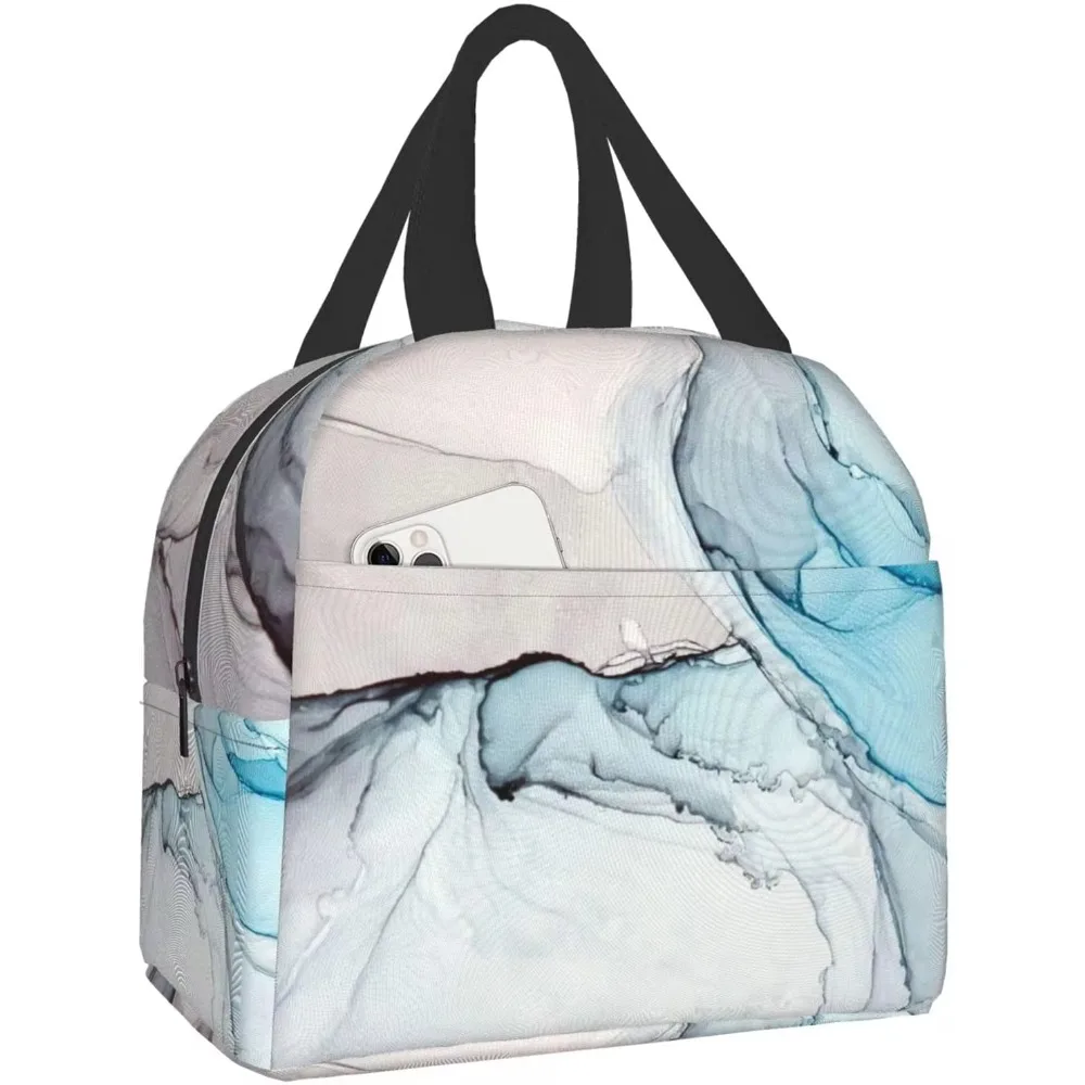 Lunch Bag for Women Marble Grey Blue Pastel Abstract Insulated Lunch Box Cooler Tote for Adults Men Work School Picnic Reusable