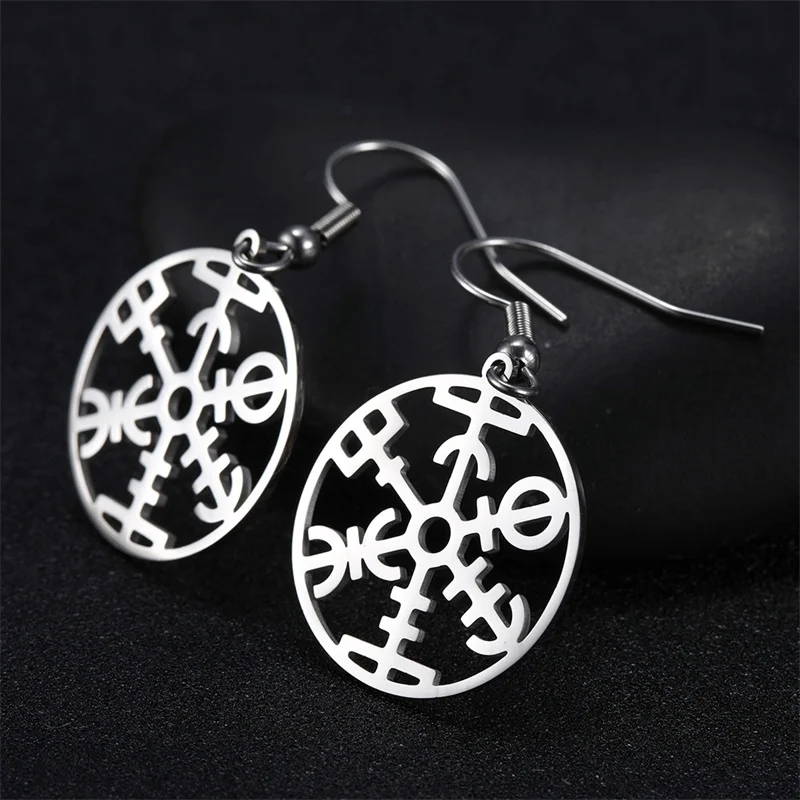 Stainless Steel Aegishjalmur Vegvisir Compass Dangle Earring for Women Viking Flower of Life Amulet Drop Earrings Girls jewelry