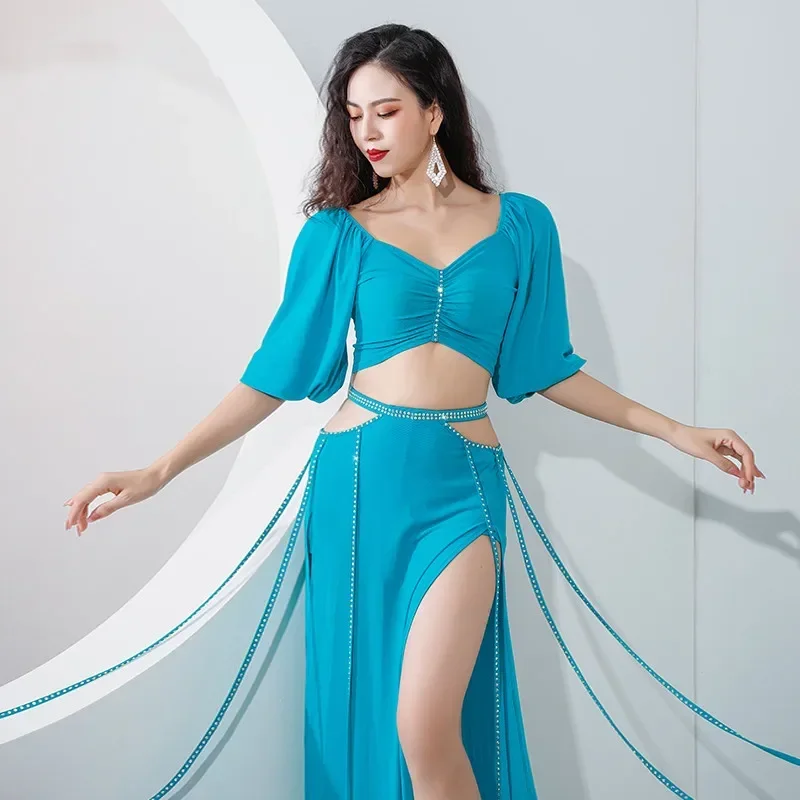 Sexy Women Bellydance Costume Shine Water Yarn Side Slit Long Skirt Oriental Dance Performance Show Clothes French Ruffle Sleeve