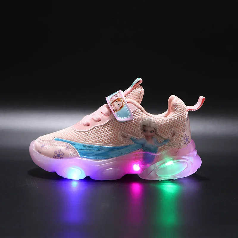 Disney LED Casual Sneakers per ragazze estive Frozen Elsa Princess Print Mesh scarpe traspiranti scarpe antiscivolo illuminate per bambini