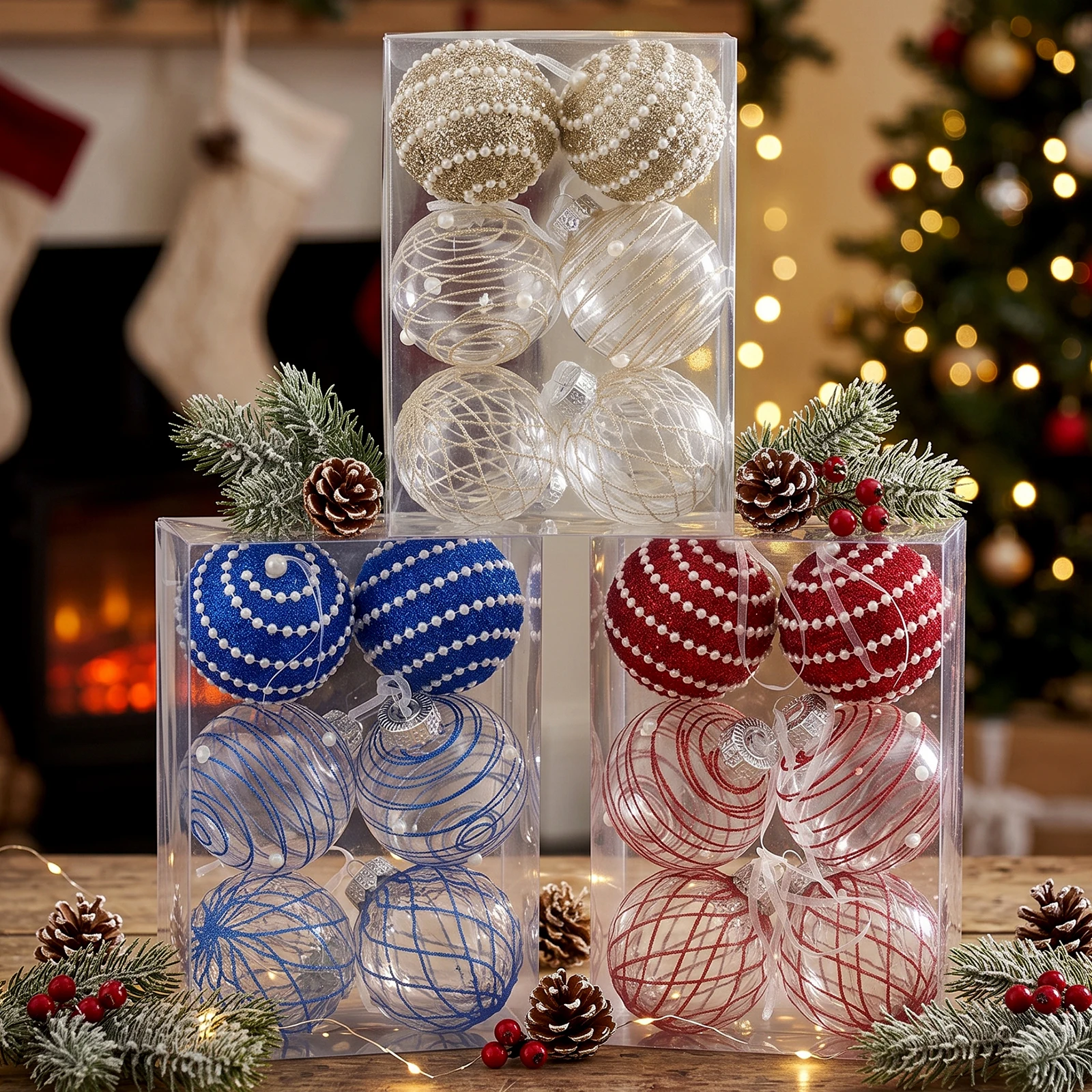 8Cm/3.15In Christmas Ball Ornaments, Clear Glitter Swirl Pearl Shatterproof Xmas Tree Hanging Baubles, Holiday Party Home Decor
