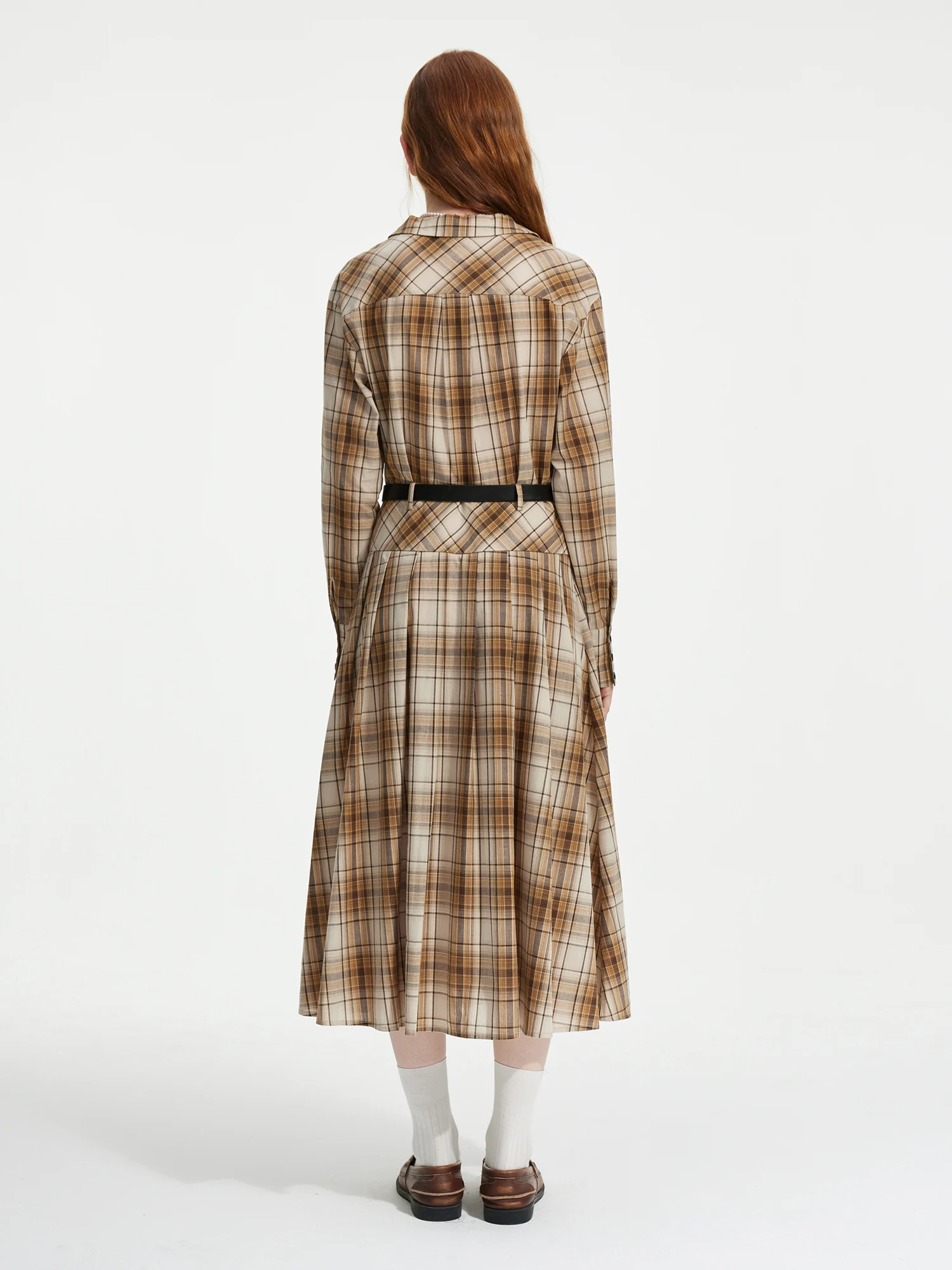 FSLE Women Long Plaid Dress Turn-down Collar A-LINE Cotton Dress Autumn Retro Brown Plaid Long Dress With Sashes 24FS13313