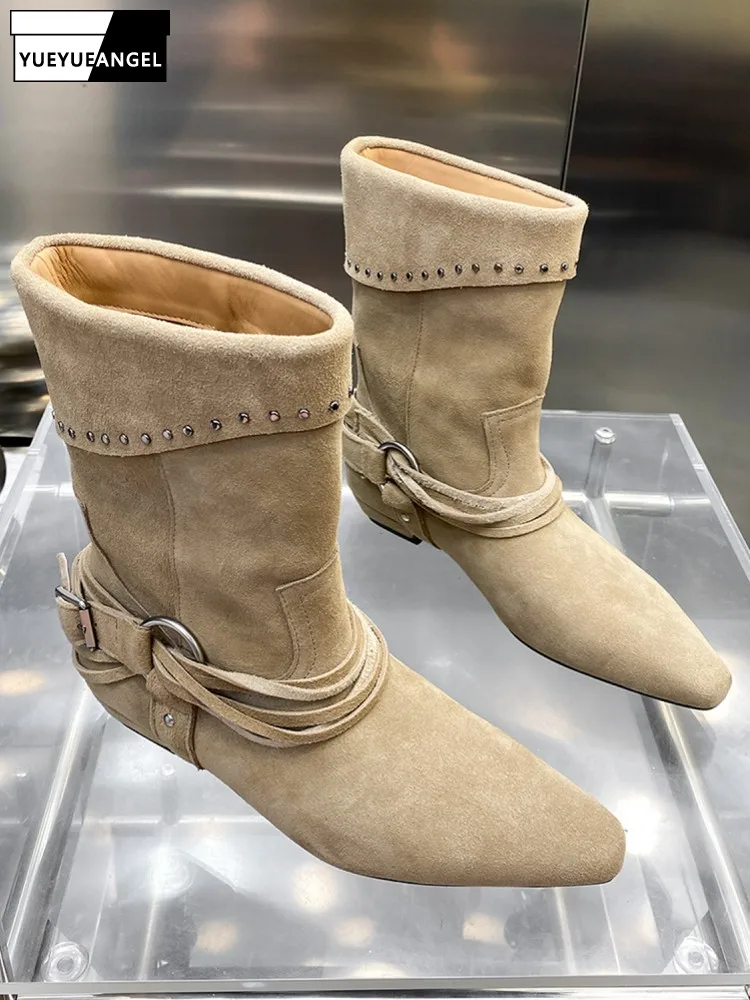 Elegant Women Autumn Real Cow Suede Leather Ankle Boots Strap Buckle High Top Pointed Toe Winter Fleece Lining Work Safety Shoes