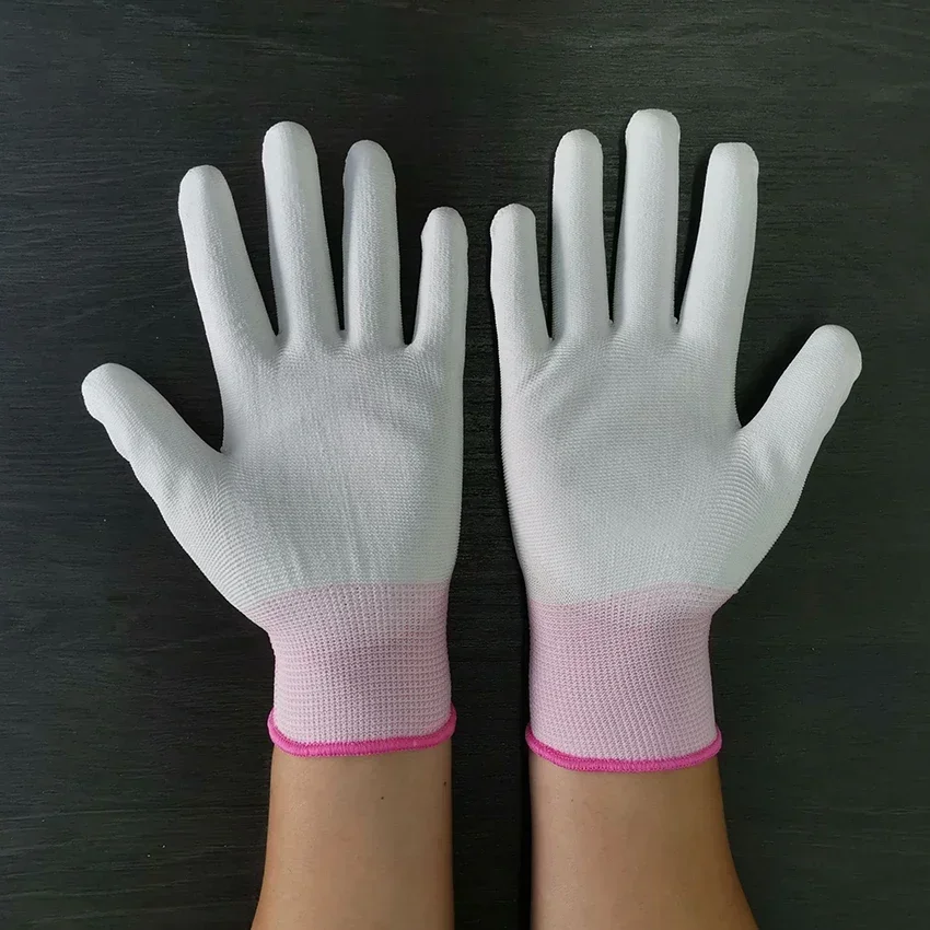 Anti Static Safe Gloves Electronic Working Gloves Polyester White PU Coated Gloves for Gardening, Fishing- XS, S, M, L guantes