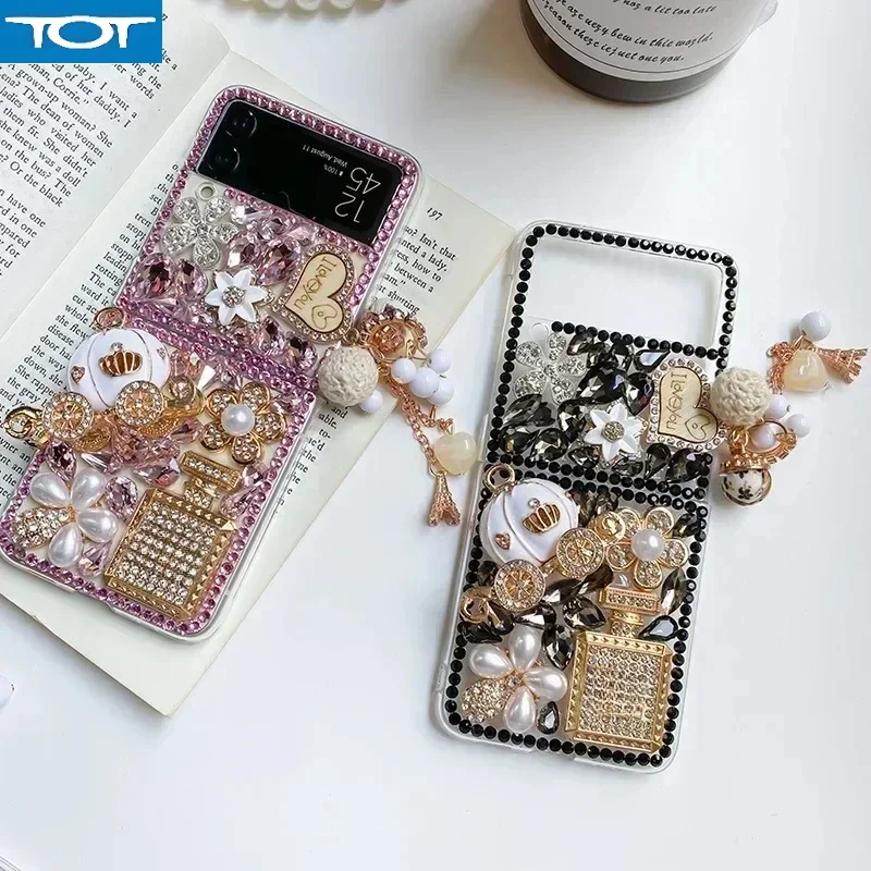 

Роскошный чехол для телефона с тыквой и стразами для Samsung Galaxy Z Flip 5, 4, флакон духов с кристаллами в форме сердца, прозрачный чехол с жемчужным цветком