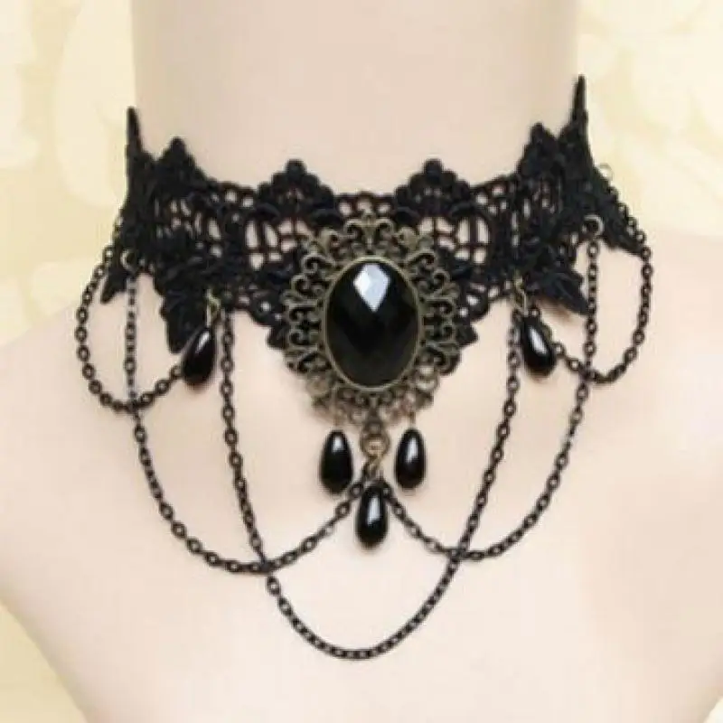 Vintage Gothic Black Lace Necklace For Women Jewelry Choker 2026 Trending New Women's Black Water Droplet Chain Tassel Necklaces