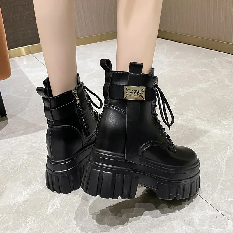 Women\'s High Platform Motorcycles Boots Winter 10CM Wedge Heels Warm Ankle Boots Chunky Sneakers New Autumn Leather Shoes Woman