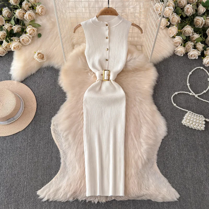 Neploe Stand Collar Single Breasted Dress for Women 2024 Summer New Vest Dresses Y2k Mid-length Bodycon Vestido Feminino