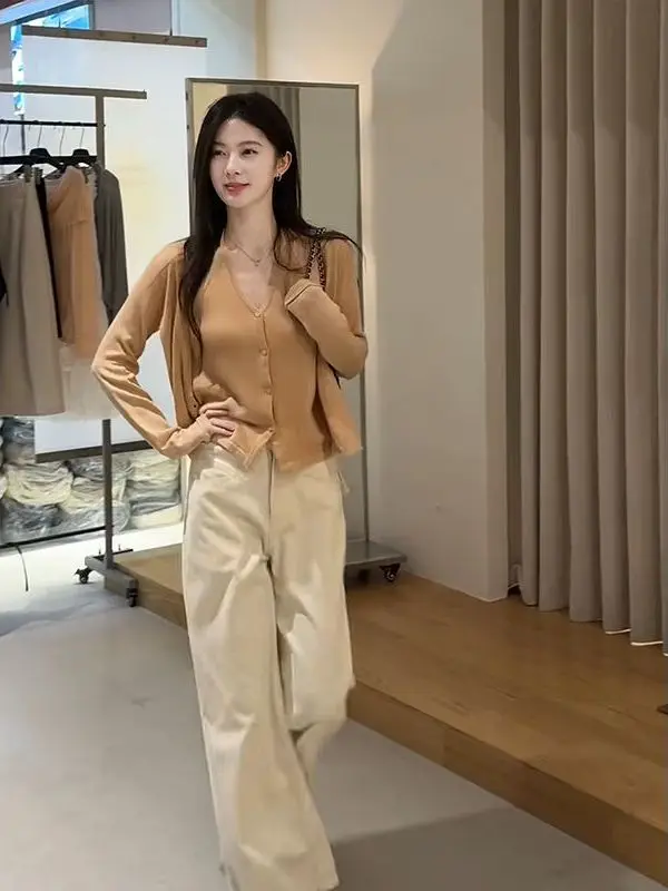 Korean Style Soft Knitted Open Cardigan Strap Vest Women's Autumn New High-End Wide Leg Casual Pants Set Comfortable Warmth