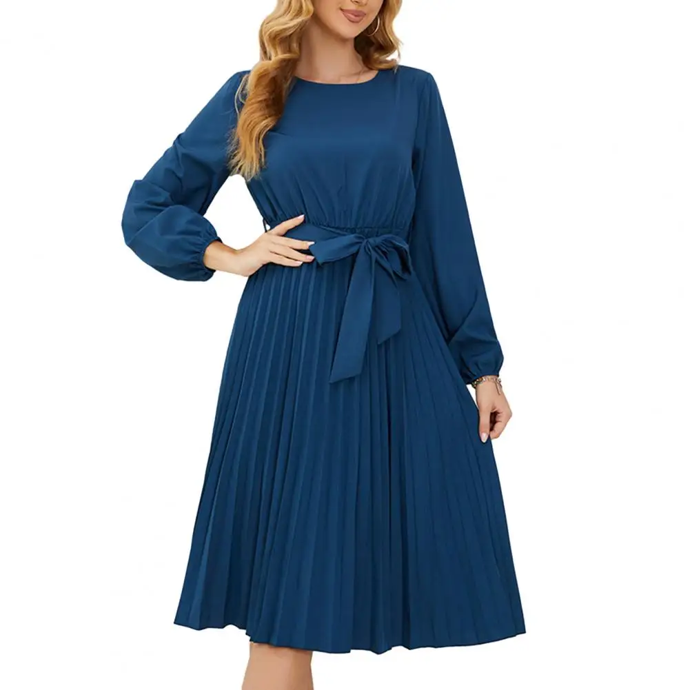 

Elegant Pleated Midi Dress Elegant Women's A-line Midi Dress Pleated Hem Long Sleeves Slim Waist for Spring Autumn for Women