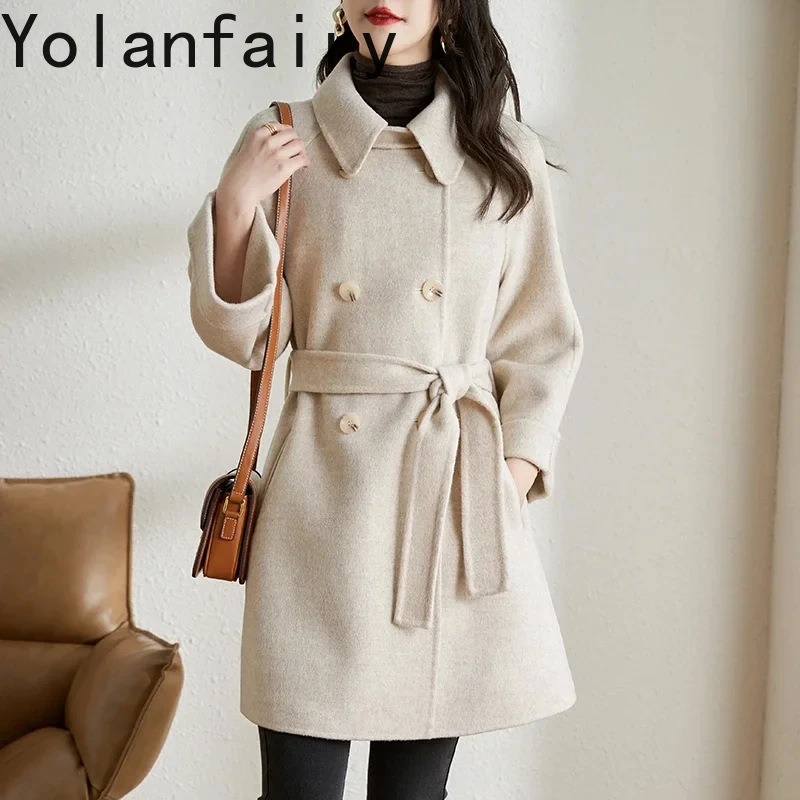 

Brand Elegant Double-sided 100% Wool Jacket for Women 2024 Autumn Winter Woolen Coat Lacing Up Versatile Overcoat Roupa Feminina