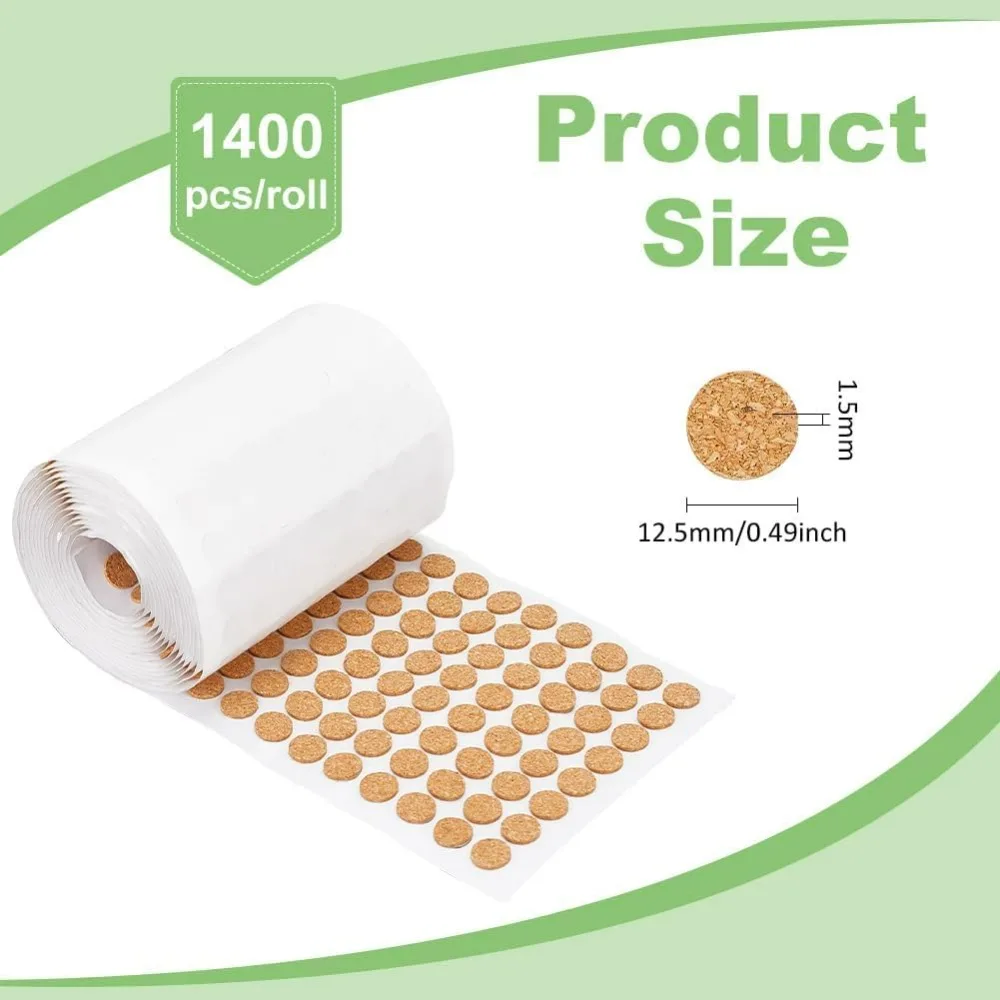 1400pcs 0.5x0.06 Inch Adhesive Cork Circles, Flat Round Self-Adhesive Cork Round Dots Cork Mat for Cabinets, Table Top