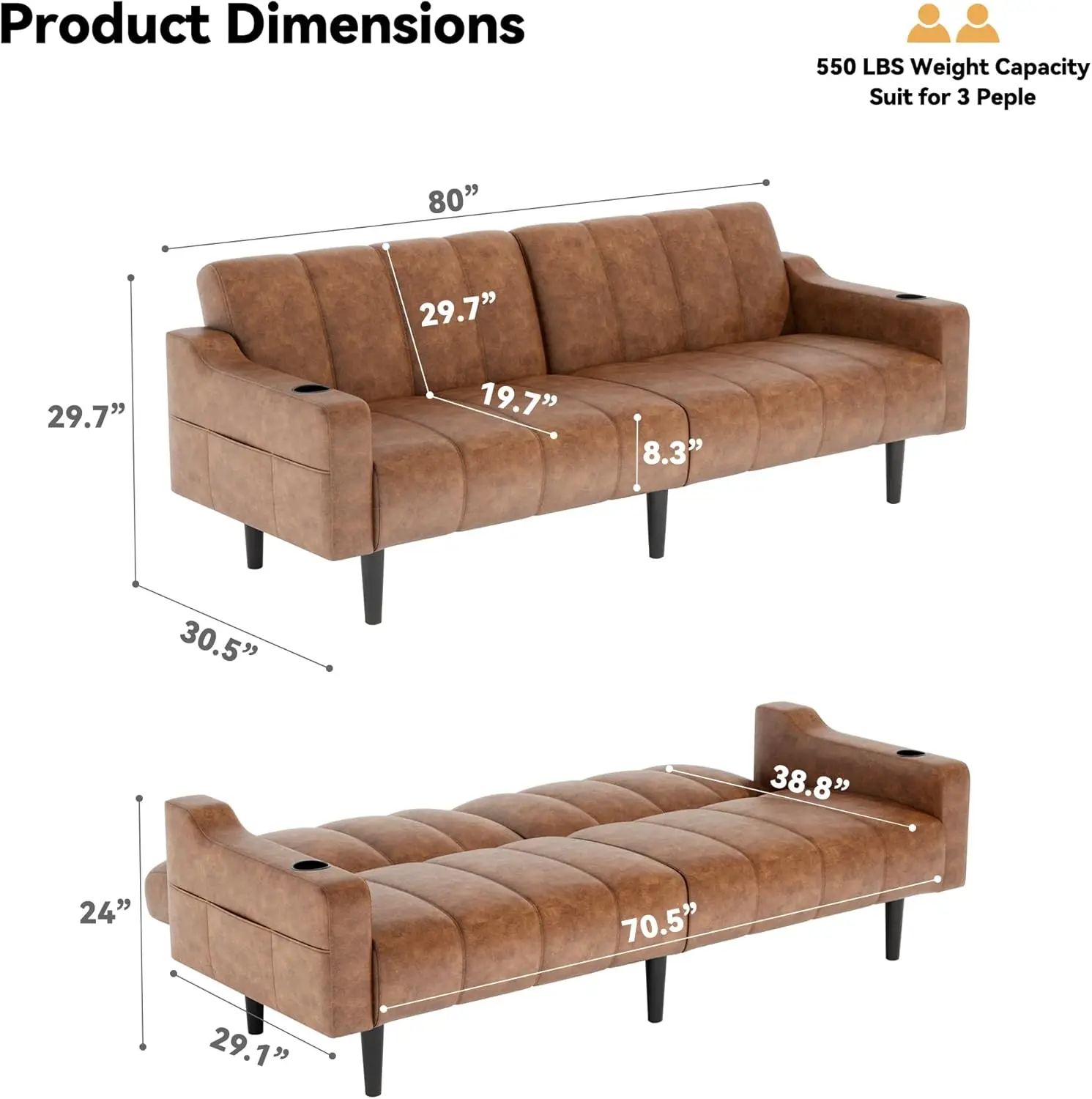 Artificial leather cushion sofa bed, 80 inch sleeper sofa, small spliced sofa seat with 2 cup holders and storage bag