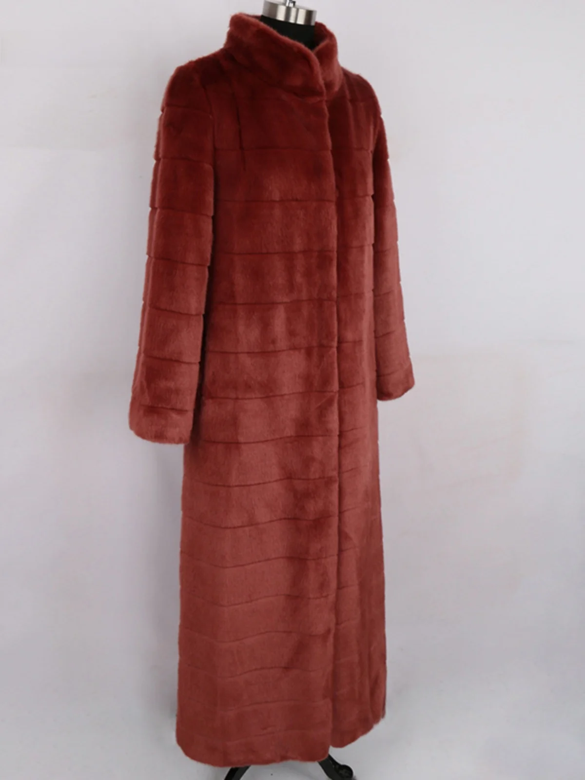 

Nerazzurri Women's Long Length Stand Collar Fur Coat Simulation Mink Striped Eco Friendly Outerwear Korean Style Spring