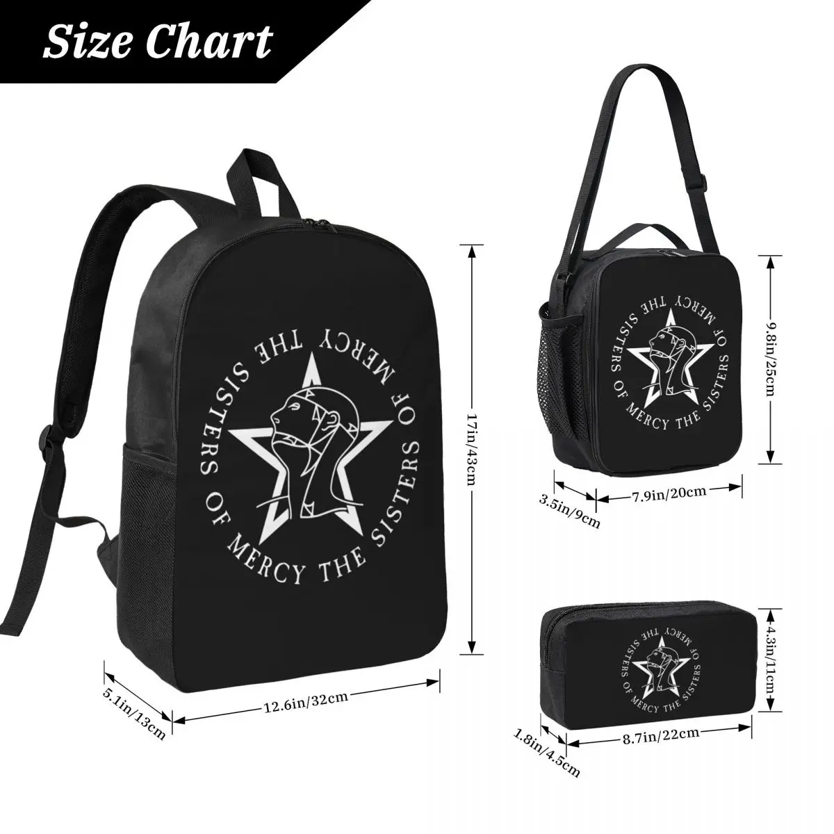 Round Text Logo Goth The Sisters Of Mercy Backpack Student Boys Girls BookBag School Bag 3ps Insulated Lunch Bag Pencil Case