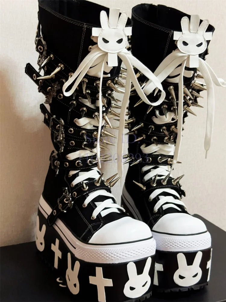 Cross Rivet Knee-high Boots Punk Round Toe y2k Platform Devil Angel Canvas Shoes Lace-up Women's Motorcycle Boots 2025 Halloween