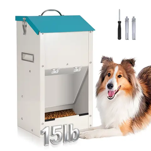 Large Capacity Durable Metal Automatic Heavy-Duty Animal Pet Dog Cat Feeder Trough with Lid & Gravity - Heavy-Duty Poultry Feeder with Spill-Proof Design, Durable Construction