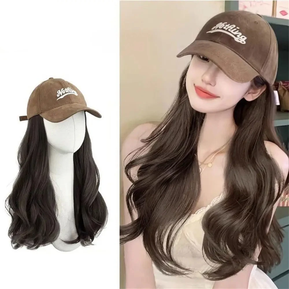 2024 Women Fashion Wigs 45cm One-piece Women Long Curly Hair Wig with Brown Baseball Cap